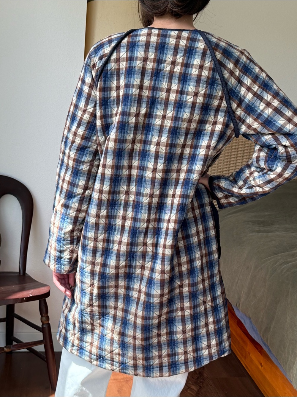 DOEN Sur Longline Jacket • Quilted Belleville Plaid in Navy, Brown & Cream - Picture 2 of 7
